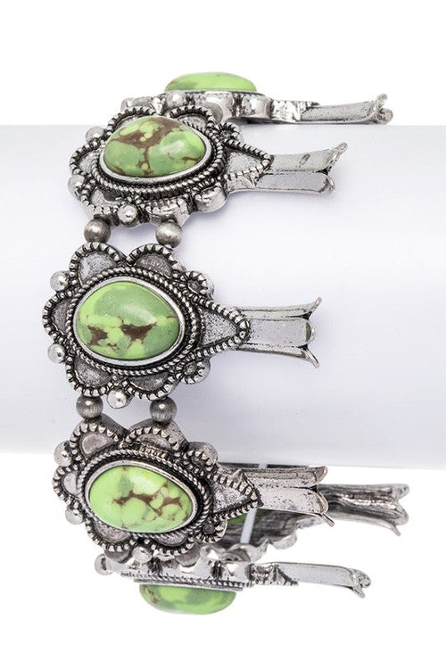 Squash Blossom Western Pink Stone Stretch Silver Bracelet