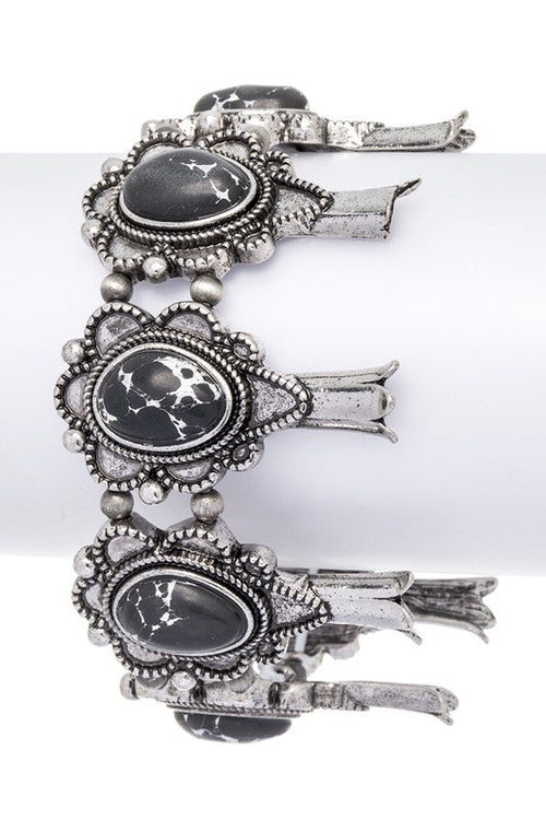 Squash Blossom Western Pink Stone Stretch Silver Bracelet