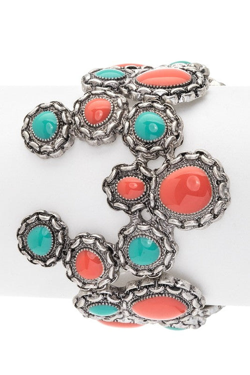 Squash Blossom Western Stretch Bracelet Coral Turquoise