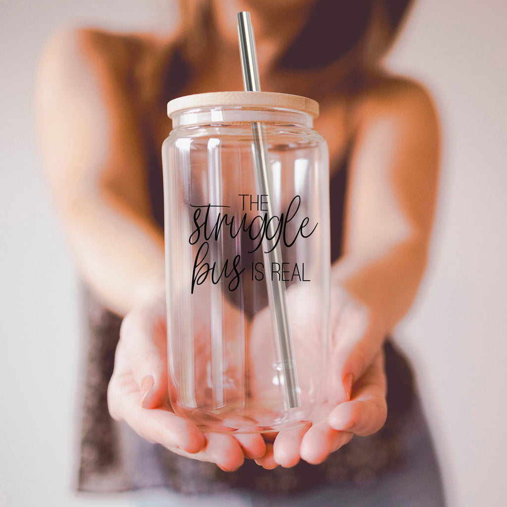 Struggle Bus 17oz Glass Tumbler Bamboo Lid 2 SS Straws and Cleaner Brush BandsCo Straps
