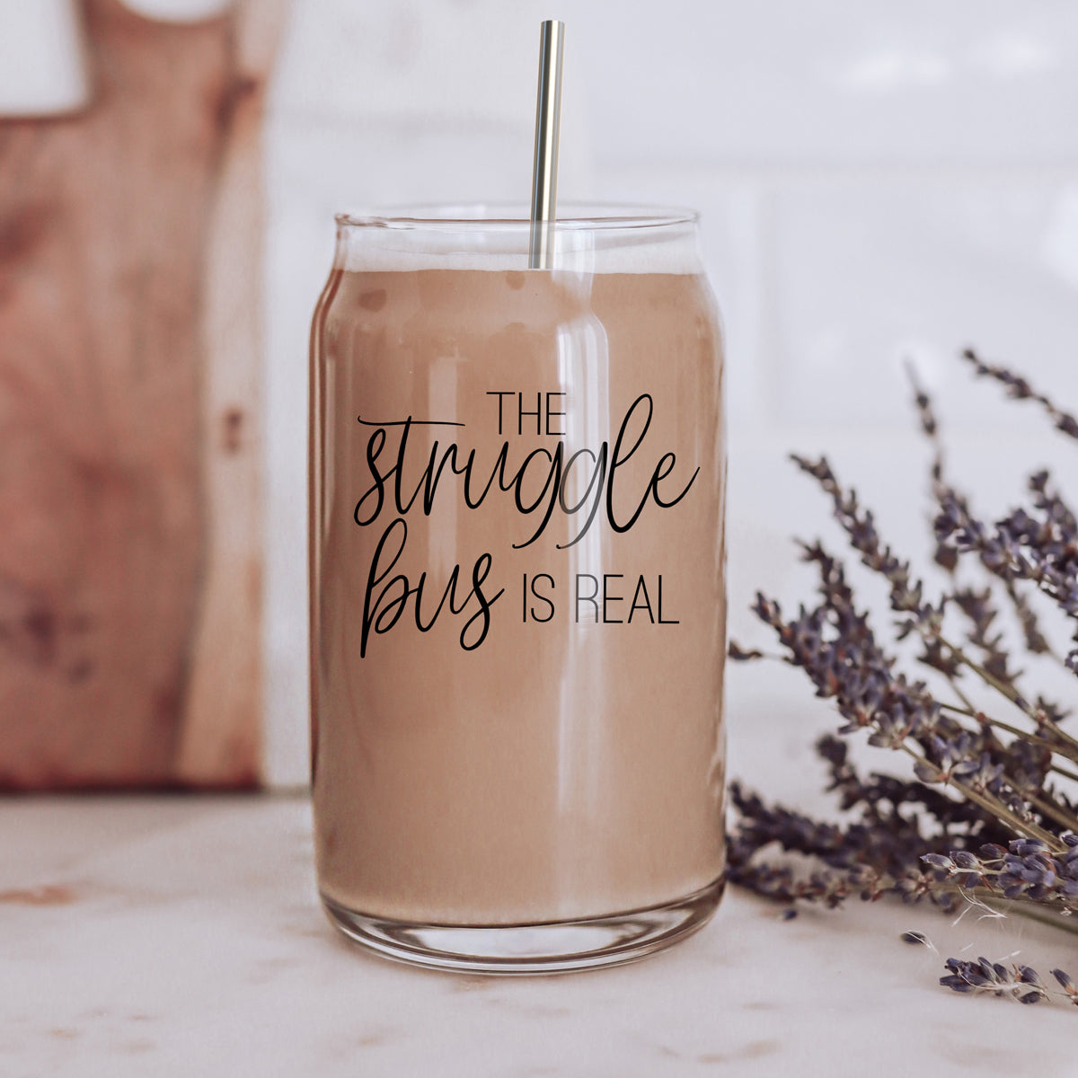 Struggle Bus 17oz Glass Tumbler Bamboo Lid 2 SS Straws and Cleaner Brush BandsCo Straps
