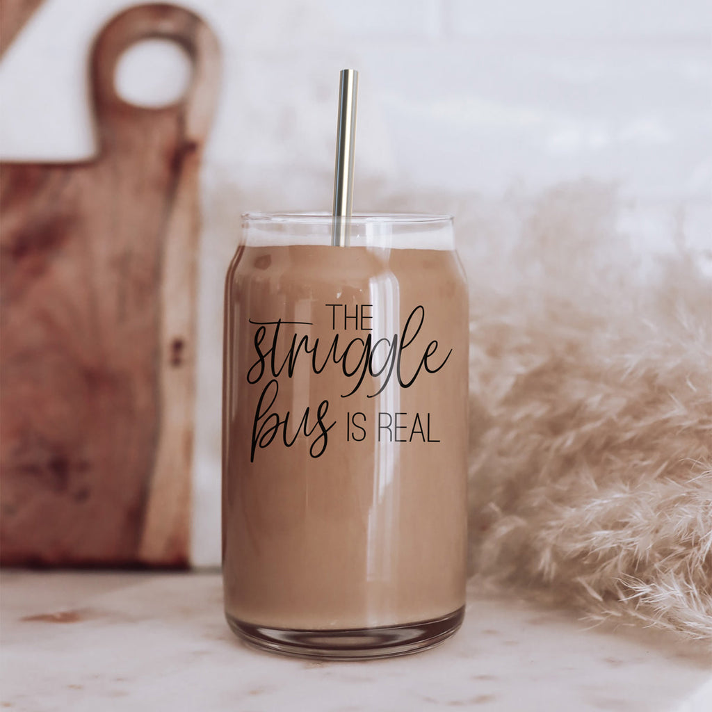 Struggle Bus 17oz Glass Tumbler Bamboo Lid 2 SS Straws and Cleaner Brush BandsCo Straps