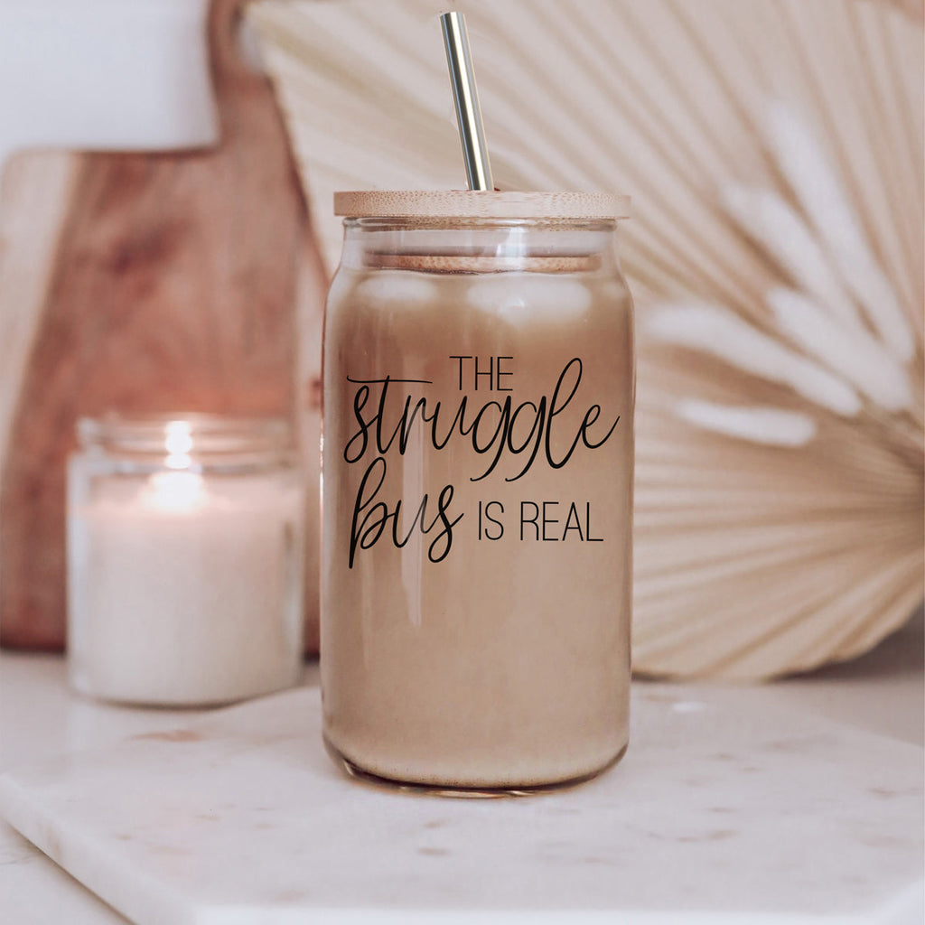 Struggle Bus 17oz Glass Tumbler Bamboo Lid 2 SS Straws and Cleaner Brush BandsCo Straps