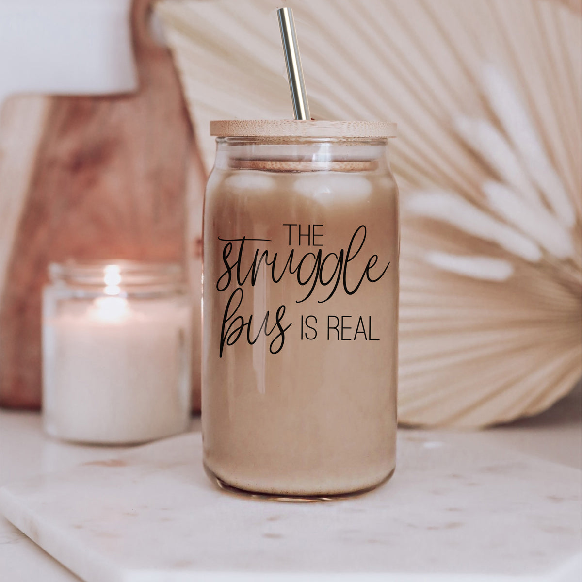 Struggle Bus 17oz Glass Tumbler Bamboo Lid 2 SS Straws and Cleaner Brush BandsCo Straps