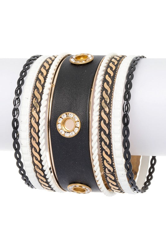 Stacking Bangle Bracelet Set Leather Wrap Cuff Gold