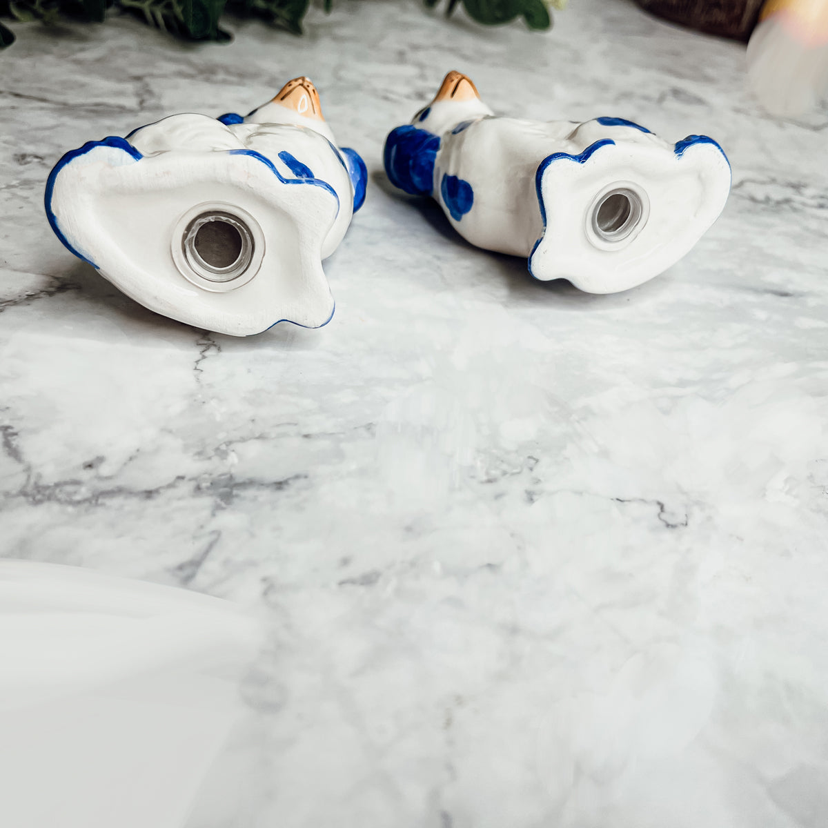 Staffordshire Dog Salt And Pepper Shakers Ceramic Hand-Painted Blue White BandsCo Straps