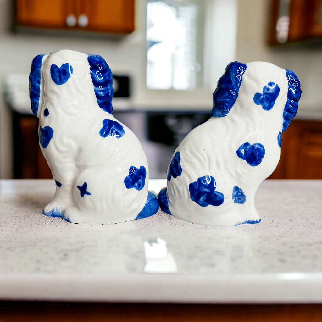 Staffordshire Dog Salt And Pepper Shakers Ceramic Hand-Painted Blue White BandsCo Straps