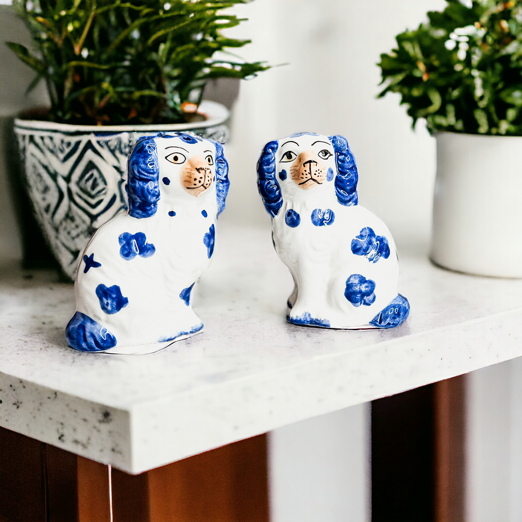 Staffordshire Dog Salt And Pepper Shakers Ceramic Hand-Painted Blue White BandsCo Straps