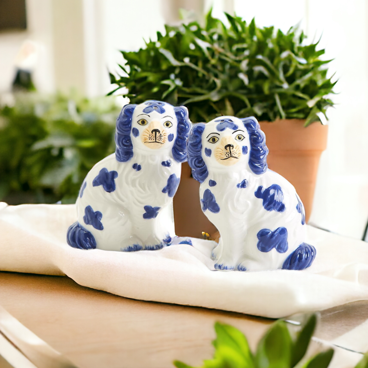 Staffordshire Dog Salt And Pepper Shakers Ceramic Hand-Painted Blue White BandsCo Straps
