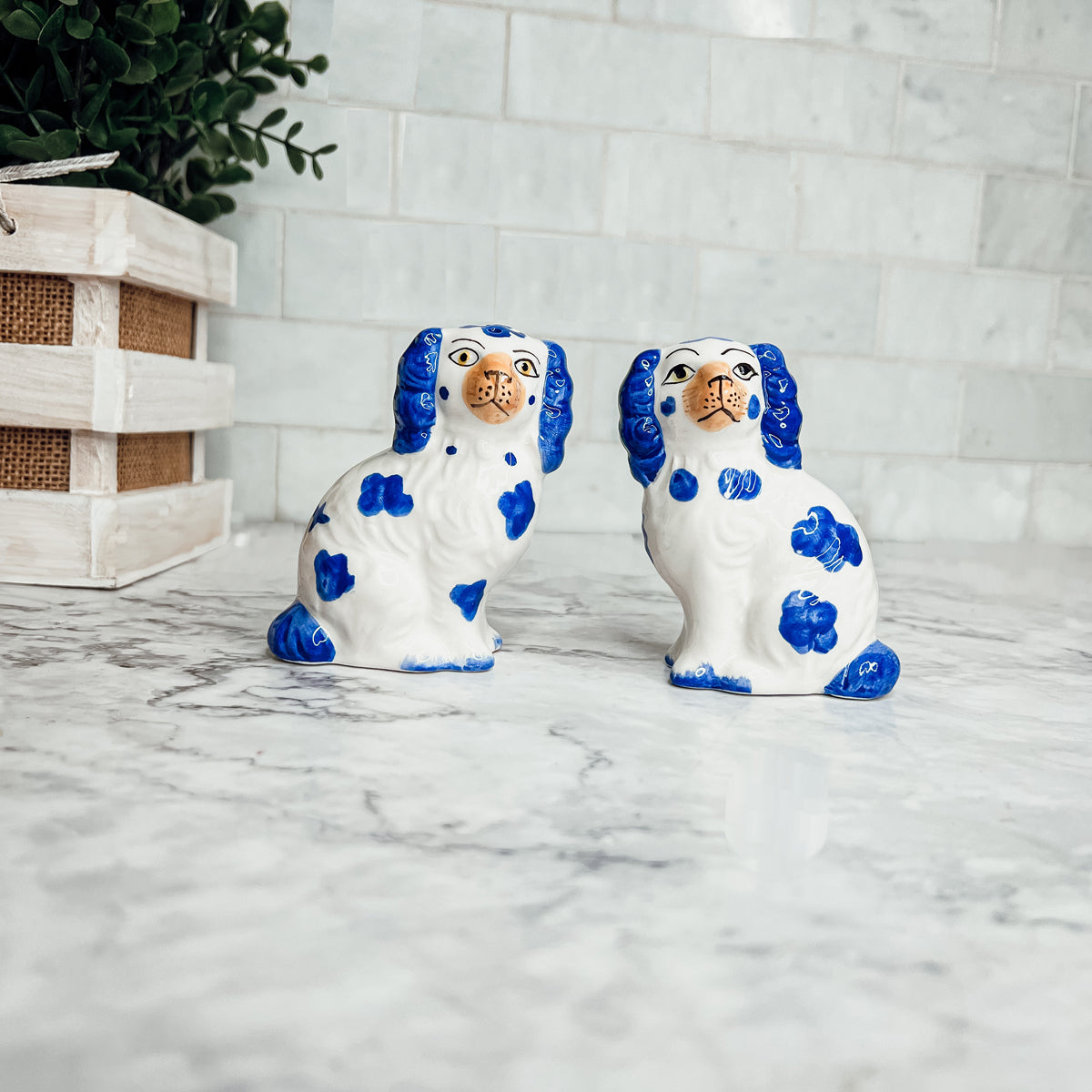 Staffordshire Dog Salt And Pepper Shakers Ceramic Hand-Painted Blue White BandsCo Straps