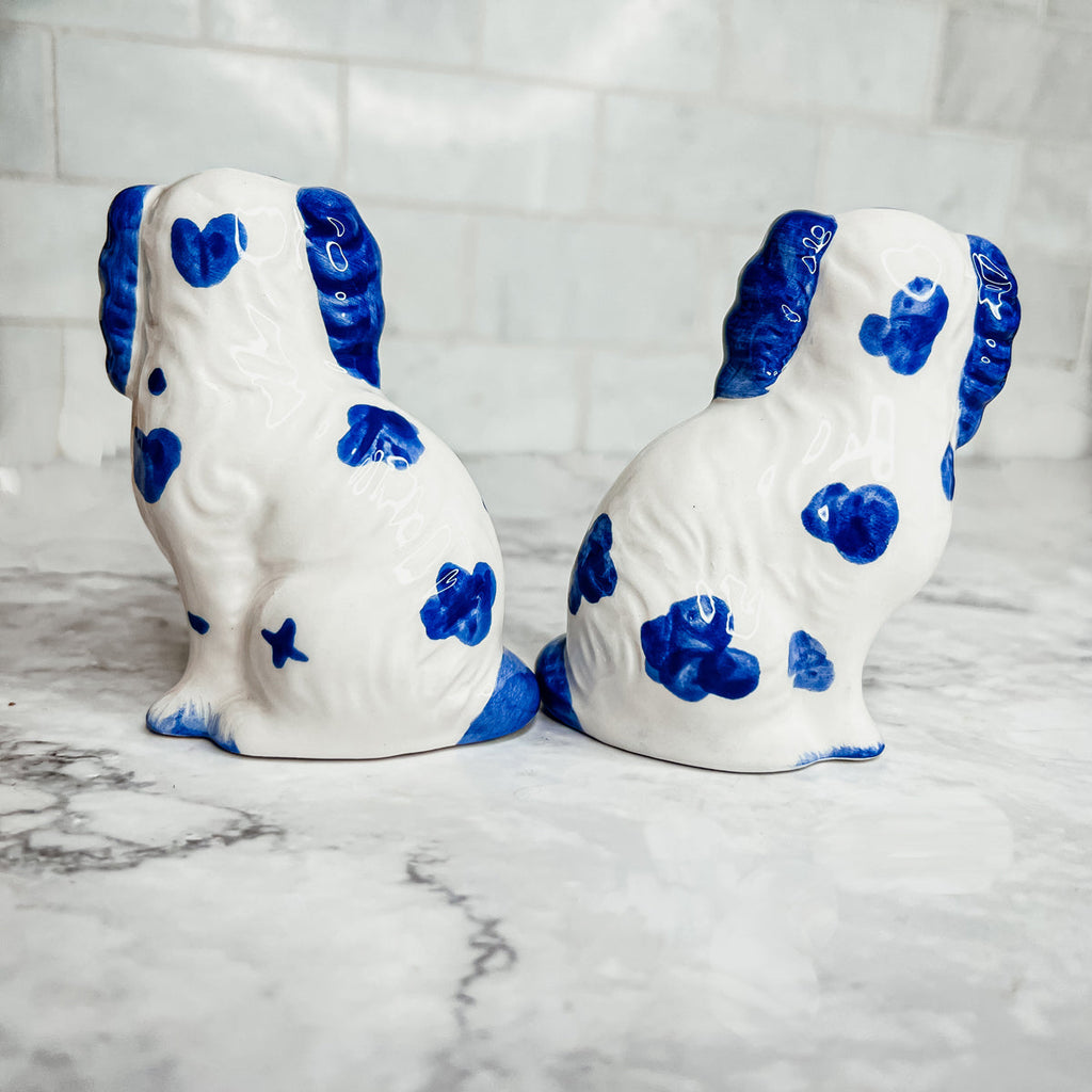 Staffordshire Dog Salt And Pepper Shakers Ceramic Hand-Painted Blue White BandsCo Straps