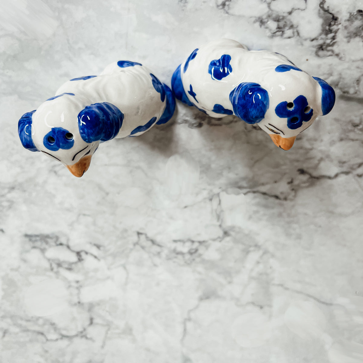 Staffordshire Dog Salt And Pepper Shakers Ceramic Hand-Painted Blue White BandsCo Straps