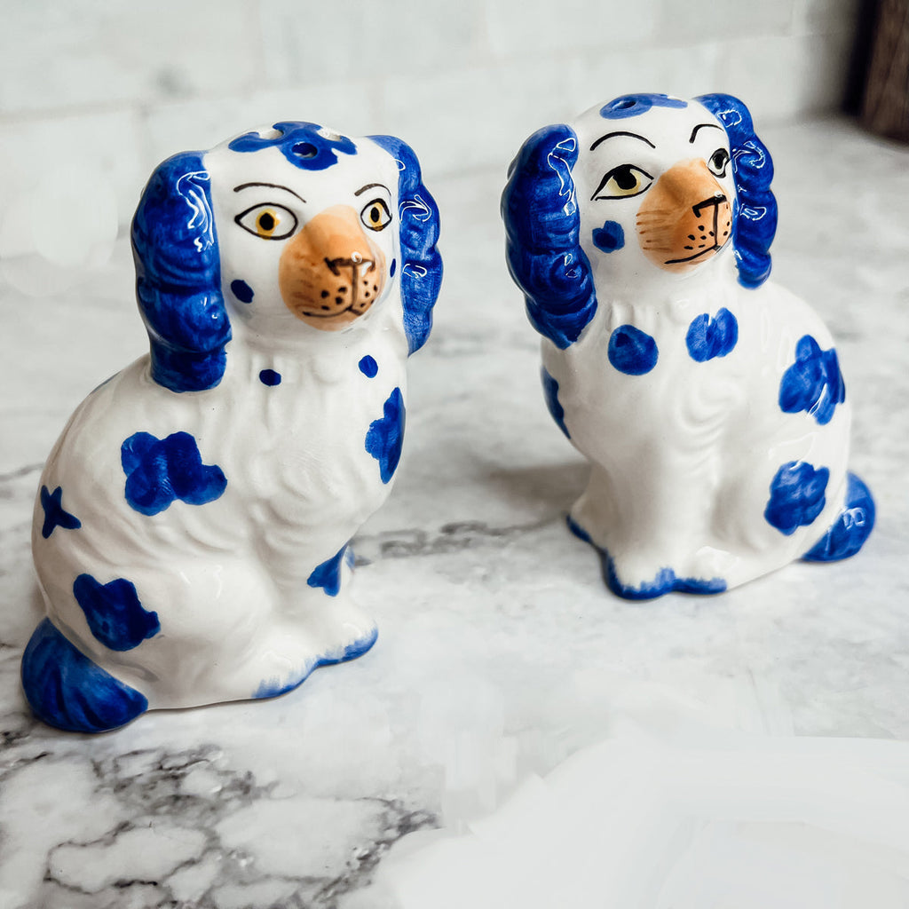 Staffordshire Dog Salt And Pepper Shakers Ceramic Hand-Painted Blue White BandsCo Straps
