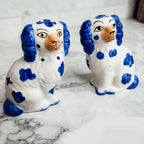 Staffordshire Dog Salt And Pepper Shakers Ceramic Hand-Painted Blue White BandsCo Straps