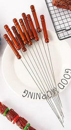 Stainless Steel Barbeque Stick with Wooden Handle Round Barbeque Pin Flat Barbeque Lamb Skewer Barbeque Stick  Anti Scald Long Grilling Kebab Skewers Reusable BBQ Sticks for Outdoor Camping Outings Cooking