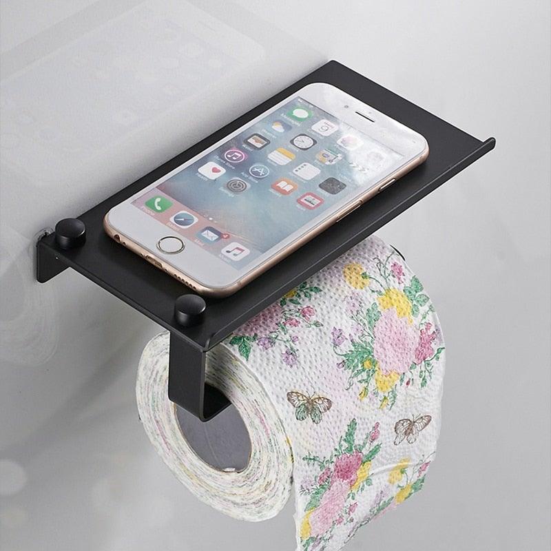 Stainless Steel Toilet Paper Holder Bathroom Wall Mount WC Paper Phone Holder Shelf Towel Roll shelf Accessories Toilet Paper Holder With Phone Shelf Aluminum Bathroom Accessories Tissue Roll Dispenser Storage Rack, Wall Mounted Modern Paper Towel Adapter Stevvex