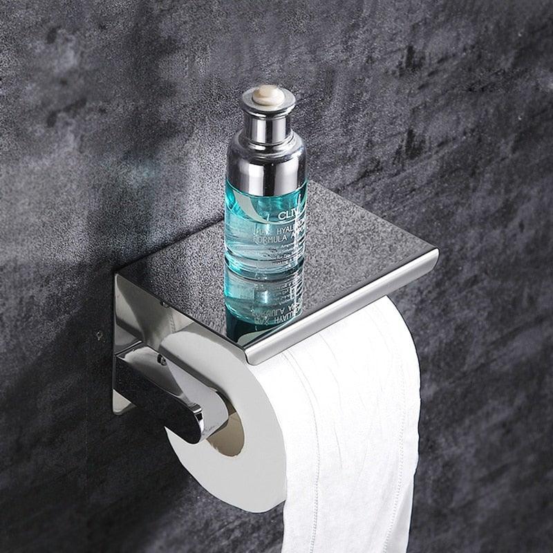 Stainless Steel Toilet Paper Holder Bathroom Wall Mount WC Paper Phone Holder Shelf Towel Roll shelf Accessories Toilet Paper Holder With Phone Shelf Aluminum Bathroom Accessories Tissue Roll Dispenser Storage Rack, Wall Mounted Modern Paper Towel Adapter Stevvex