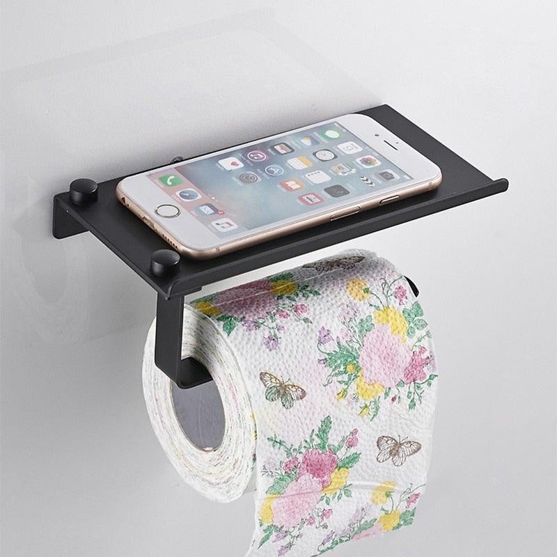 Stainless Steel Toilet Paper Holder Bathroom Wall Mount WC Paper Phone Holder Shelf Towel Roll shelf Accessories Toilet Paper Holder With Phone Shelf Aluminum Bathroom Accessories Tissue Roll Dispenser Storage Rack, Wall Mounted Modern Paper Towel Adapter Stevvex
