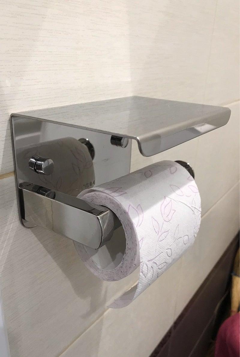 Stainless Steel Toilet Paper Holder Bathroom Wall Mount WC Paper Phone Holder Shelf Towel Roll shelf Accessories Toilet Paper Holder With Phone Shelf Aluminum Bathroom Accessories Tissue Roll Dispenser Storage Rack, Wall Mounted Modern Paper Towel Adapter Stevvex