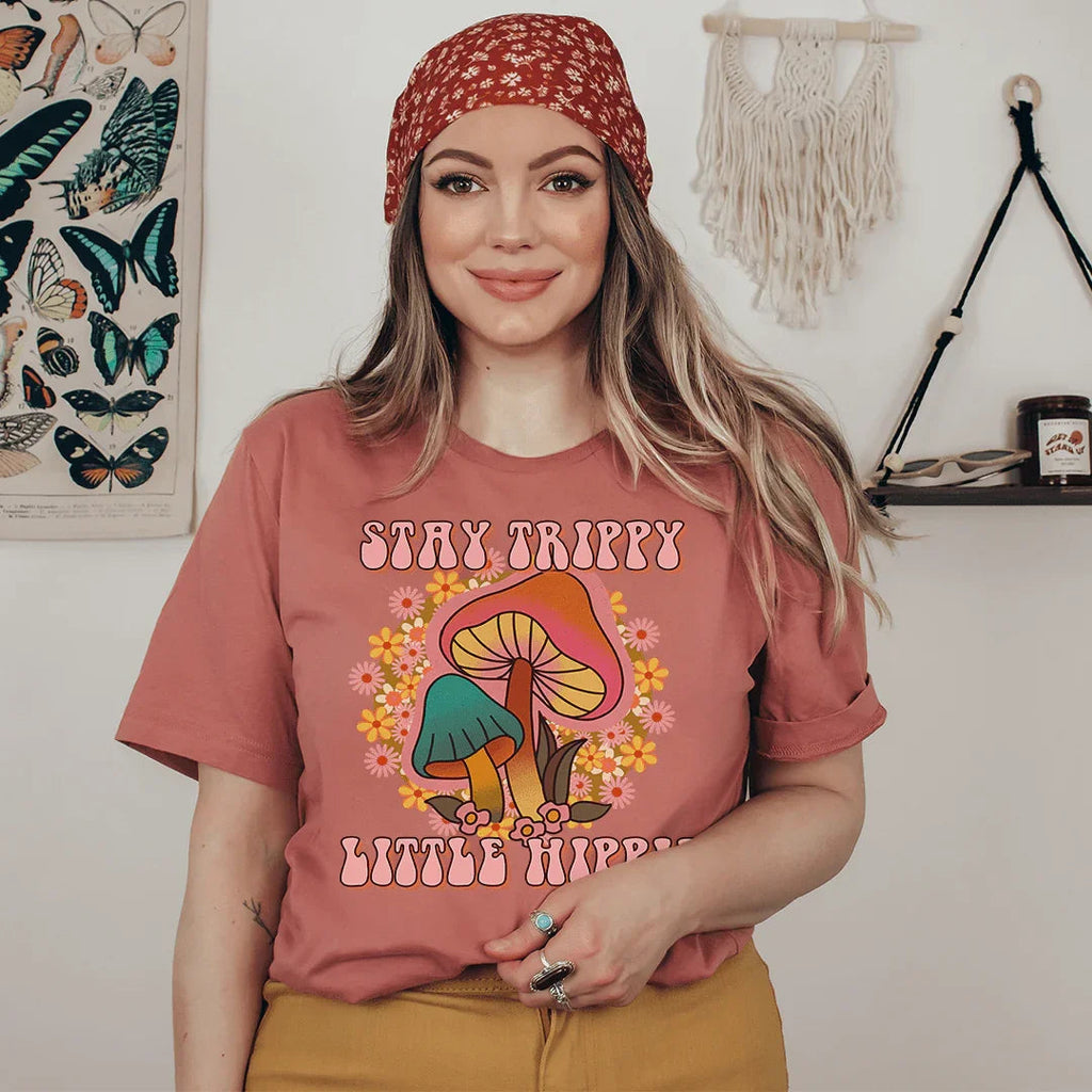 Stay Trippy Little Hippie Mushrooms Tee Peachy Sunday