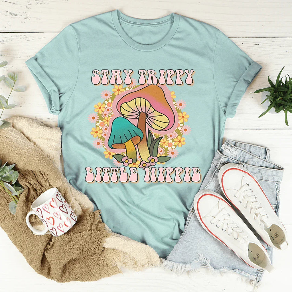 Stay Trippy Little Hippie Mushrooms Tee Peachy Sunday