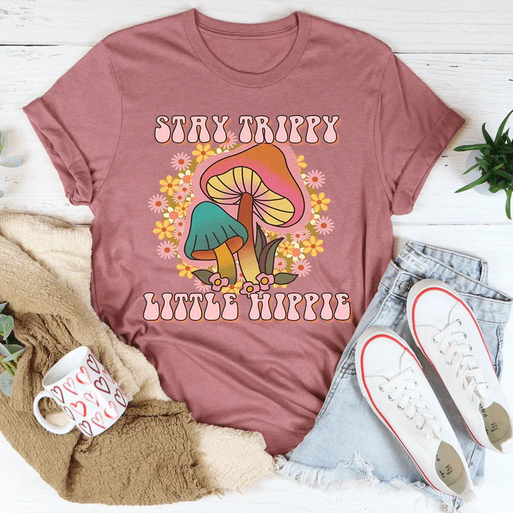 Stay Trippy Little Hippie Mushrooms Tee Peachy Sunday