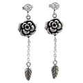 Sterling Floral Hibiscus Dangle Earrings With Leaves