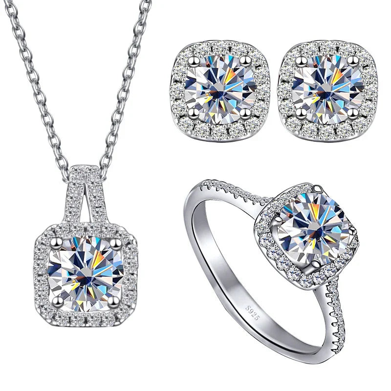 Sterling Silver 3-Piece Moissanite Jewelry Set - 1ct Necklace Ring Earrings BandsCo Straps