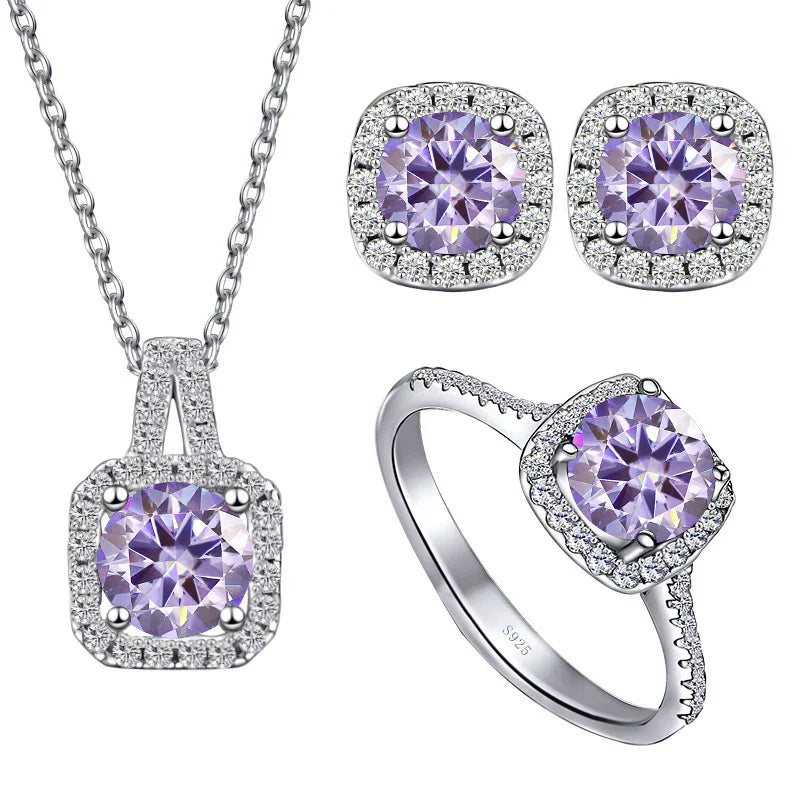 Sterling Silver 3-Piece Moissanite Jewelry Set - 1ct Necklace Ring Earrings BandsCo Straps