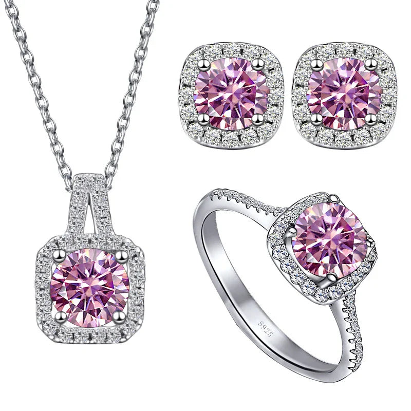 Sterling Silver 3-Piece Moissanite Jewelry Set - 1ct Necklace Ring Earrings BandsCo Straps