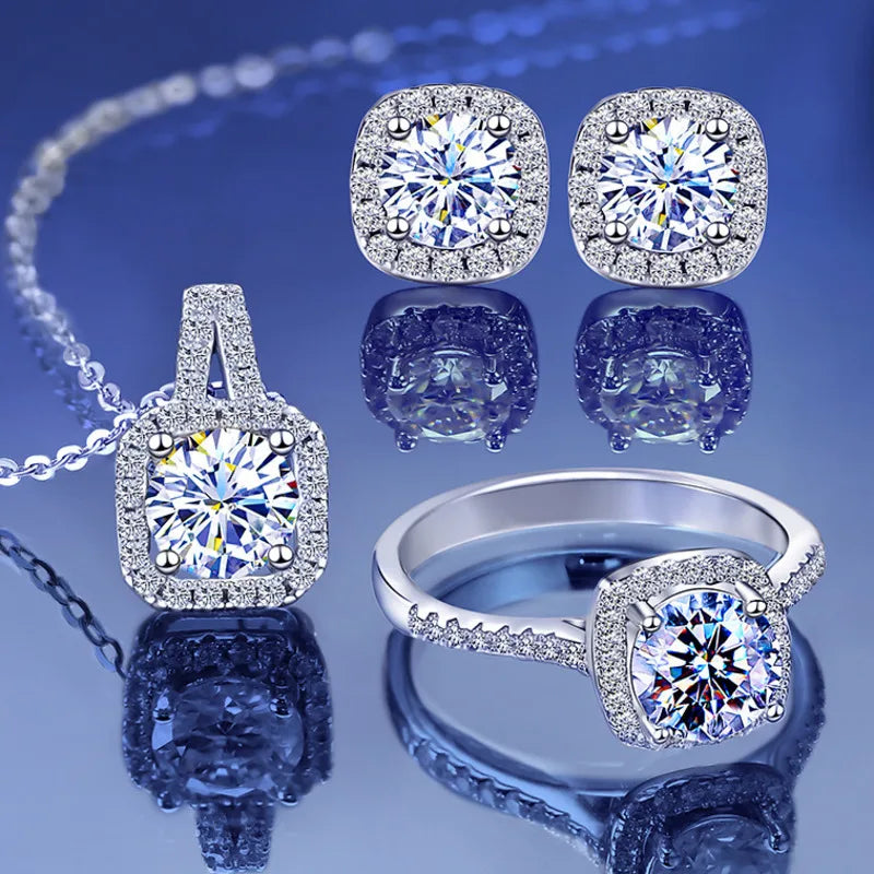 Sterling Silver 3-Piece Moissanite Jewelry Set - 1ct Necklace Ring Earrings BandsCo Straps
