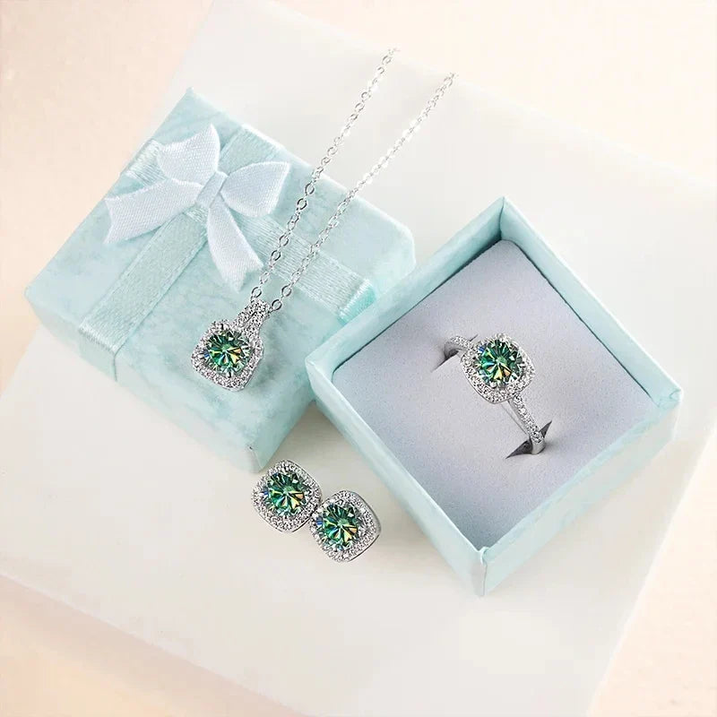 Sterling Silver 3-Piece Moissanite Jewelry Set - 1ct Necklace Ring Earrings BandsCo Straps