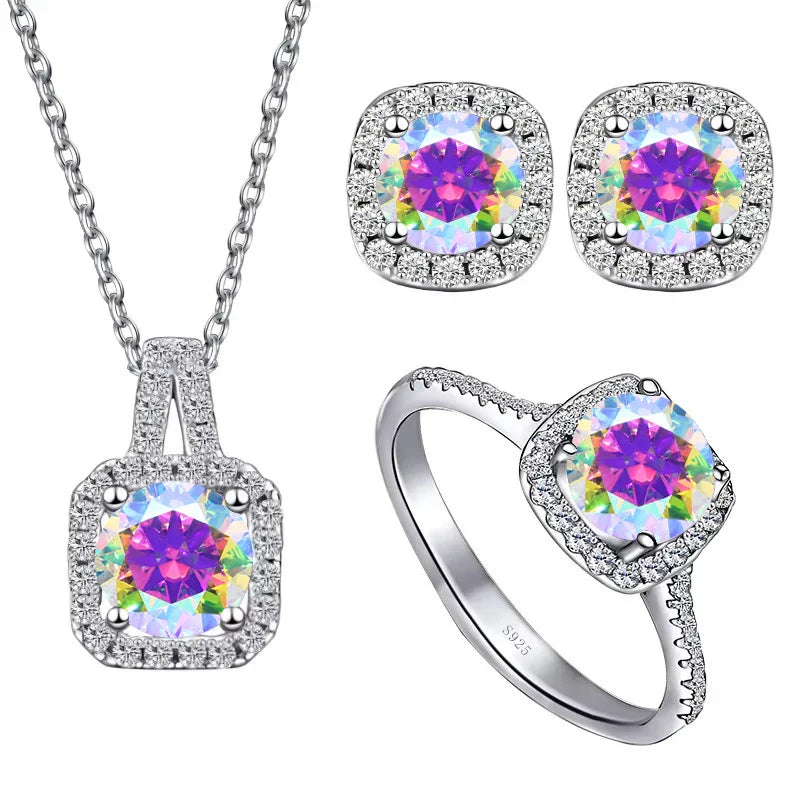 Sterling Silver 3-Piece Moissanite Jewelry Set - 1ct Necklace Ring Earrings BandsCo Straps