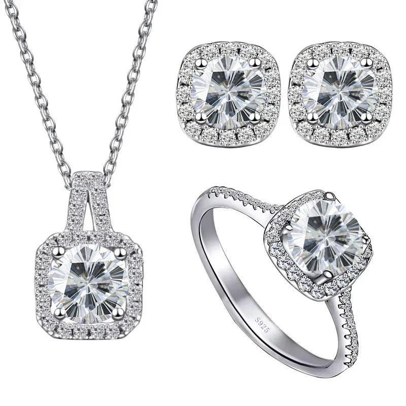 Sterling Silver 3-Piece Moissanite Jewelry Set - 1ct Necklace Ring Earrings BandsCo Straps
