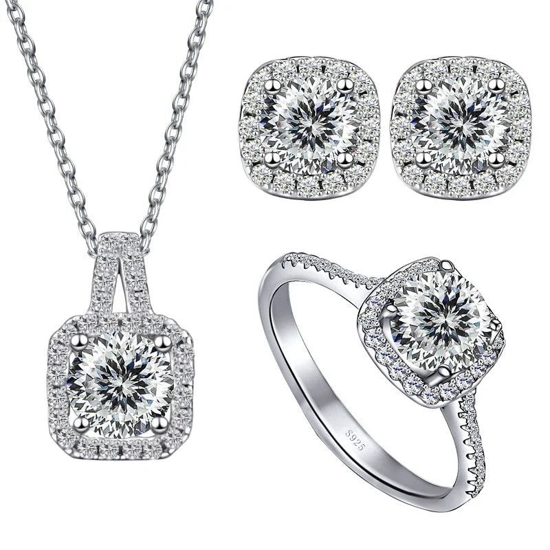 Sterling Silver 3-Piece Moissanite Jewelry Set - 1ct Necklace Ring Earrings BandsCo Straps