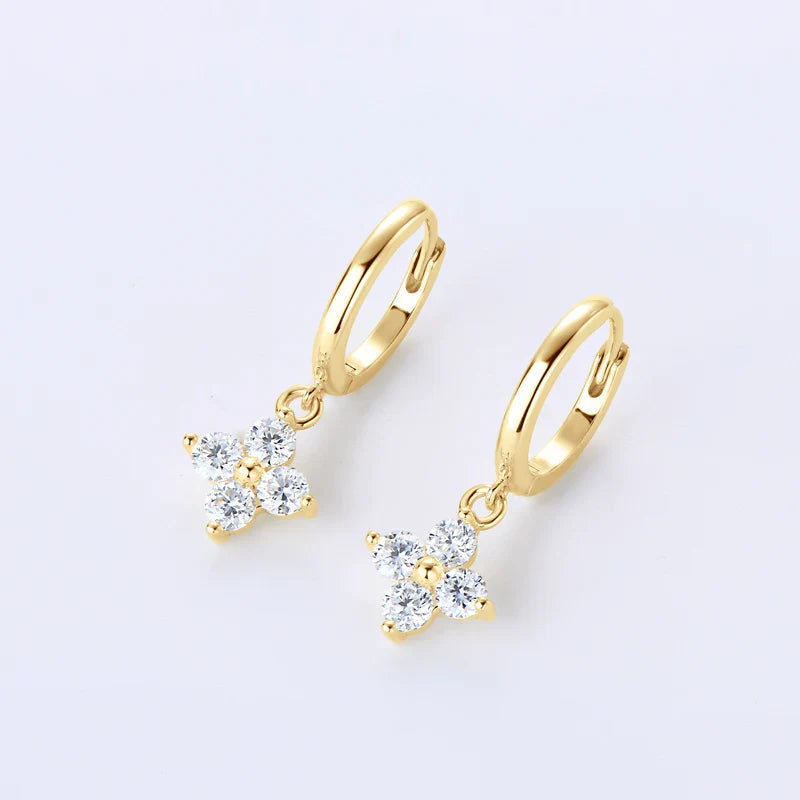 Sterling Silver 925 3mm Moissanite Four-Leaf Clover Hoop Dangle Earrings Women BandsCo Straps