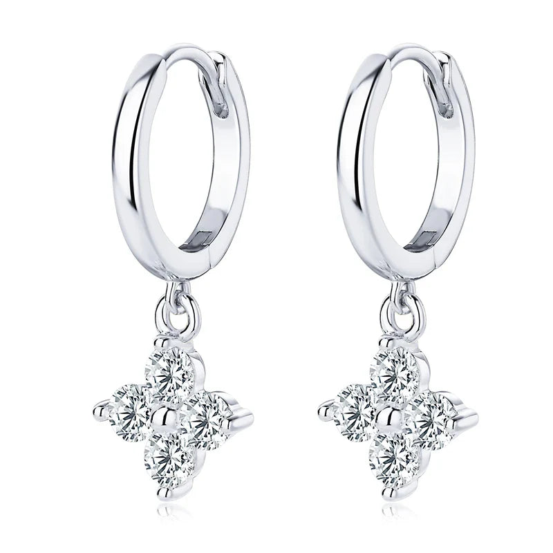 Sterling Silver 925 3mm Moissanite Four-Leaf Clover Hoop Dangle Earrings Women BandsCo Straps