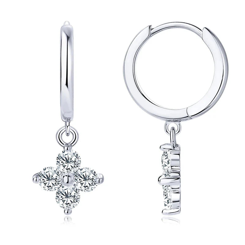 Sterling Silver 925 3mm Moissanite Four-Leaf Clover Hoop Dangle Earrings Women BandsCo Straps