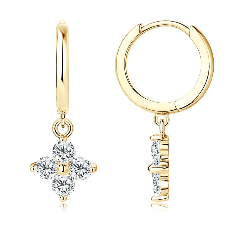 Sterling Silver 925 3mm Moissanite Four-Leaf Clover Hoop Dangle Earrings Women BandsCo Straps