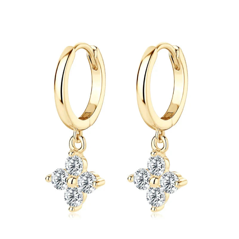 Sterling Silver 925 3mm Moissanite Four-Leaf Clover Hoop Dangle Earrings Women BandsCo Straps