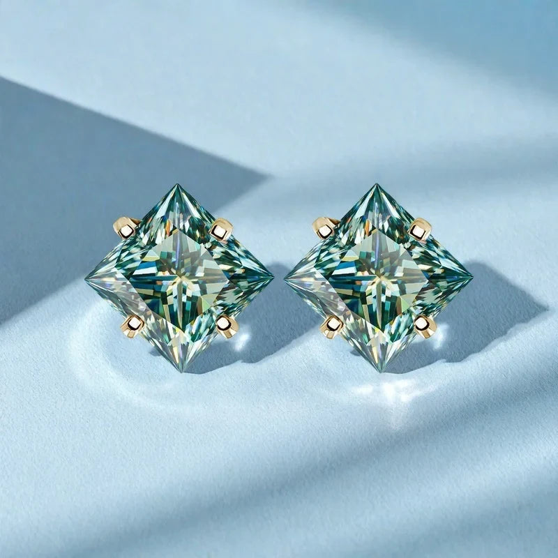 Sterling Silver 925 Green Princess Cut Moissanite Stud Earrings For Women BandsCo Straps
