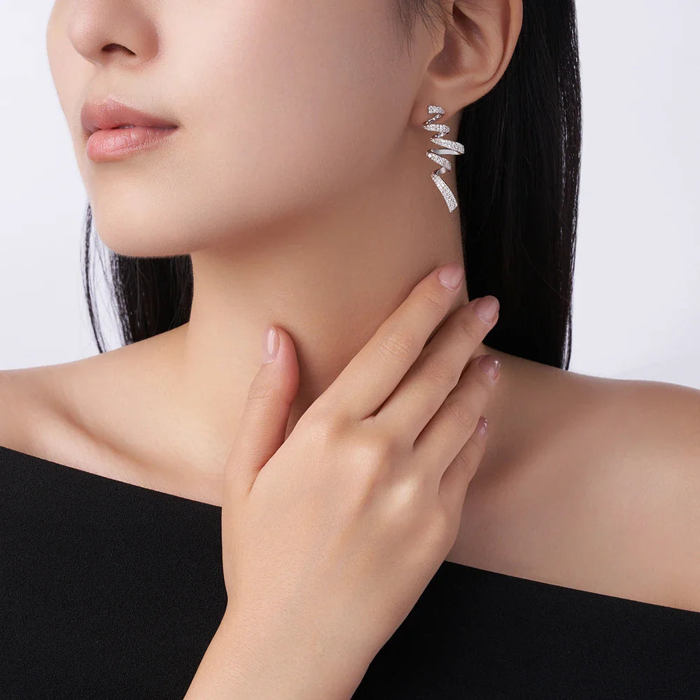 Sterling Silver 925 Moissanite Spiral Drop Earrings For Women Twisted Elegant BandsCo Straps