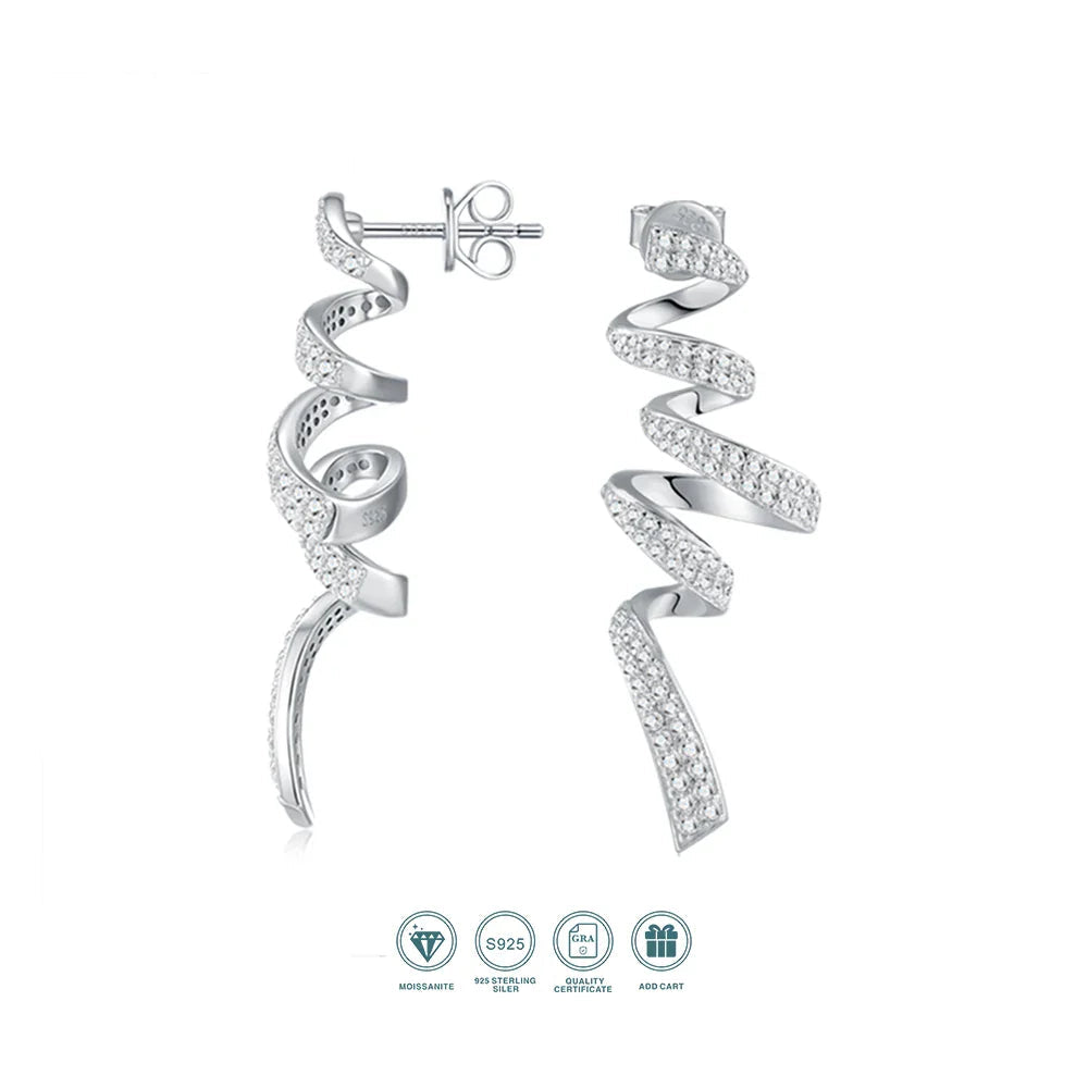 Sterling Silver 925 Moissanite Spiral Drop Earrings For Women Twisted Elegant BandsCo Straps