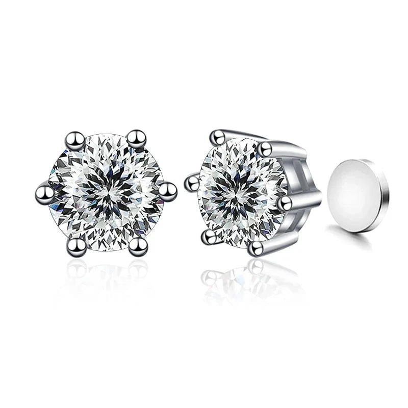 Sterling Silver 925 1ct Moissanite 6-Claw Stud Earrings Unisex Magnetic Hole BandsCo Straps