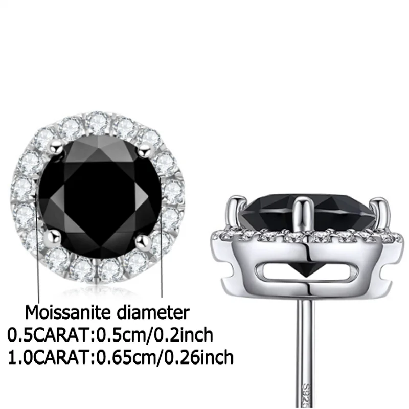 Sterling Silver 925 Moissanite Stud Earrings 0.5-1ct Black Round BandsCo Straps