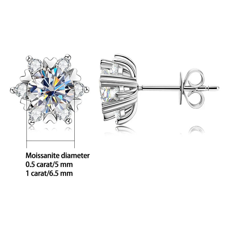 Sterling Silver Moissanite Snowflake Stud Earrings 6-Claw Valentines Gift BandsCo Straps