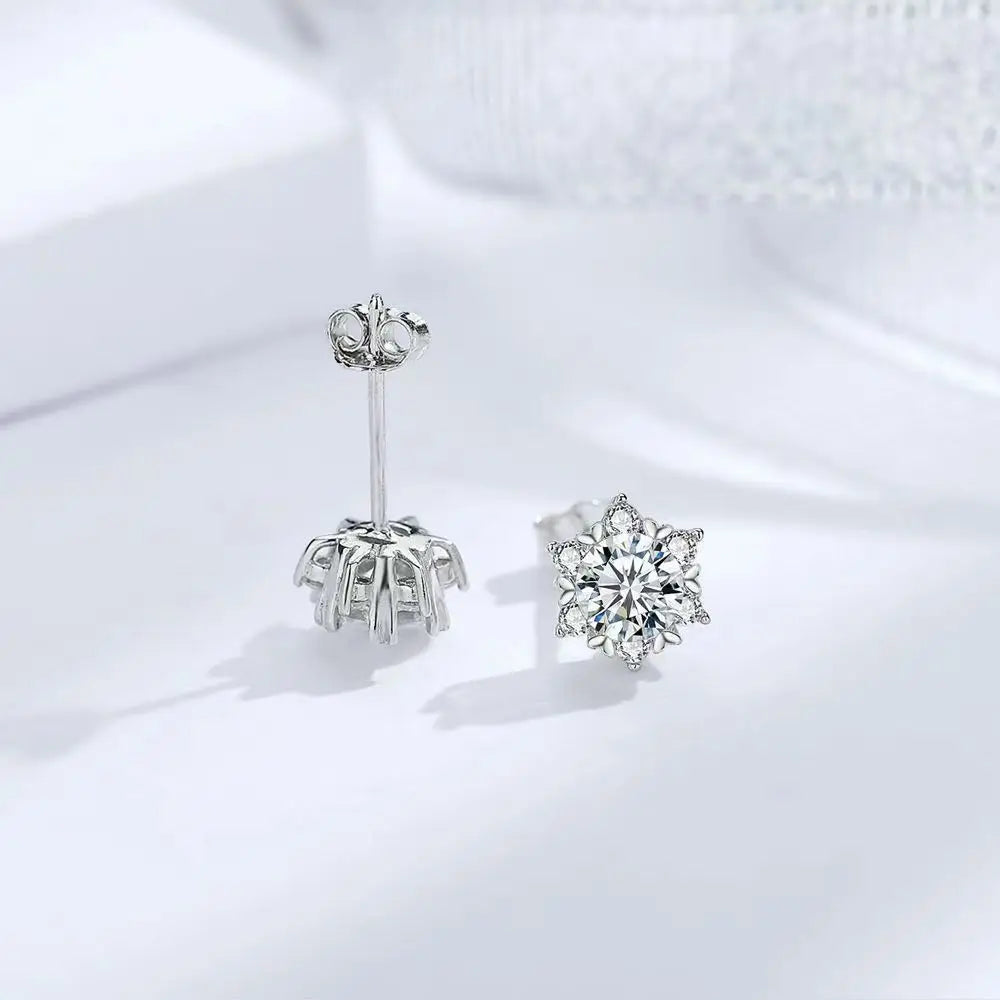 Sterling Silver Moissanite Snowflake Stud Earrings 6-Claw Valentines Gift BandsCo Straps