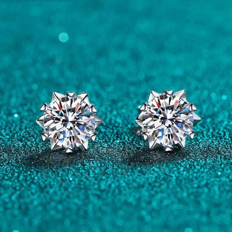Sterling Silver Moissanite Stud Earrings 1ct 2ct VVS1 Lab Diamond Snowflake BandsCo Straps