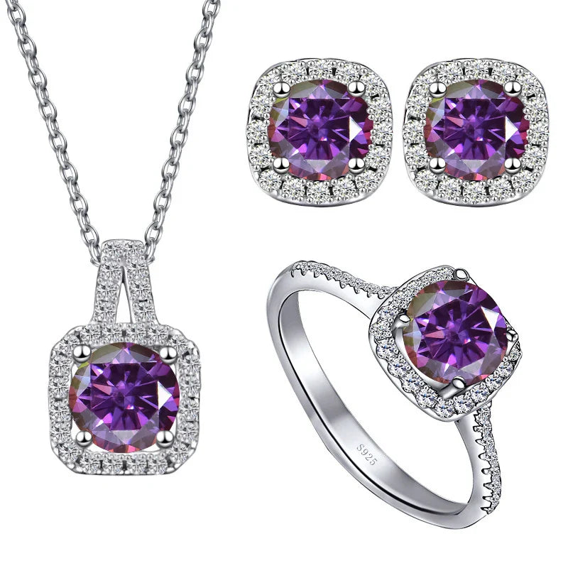 Sterling Silver 3-Piece Moissanite Jewelry Set - 1ct Necklace Ring Earrings BandsCo Straps