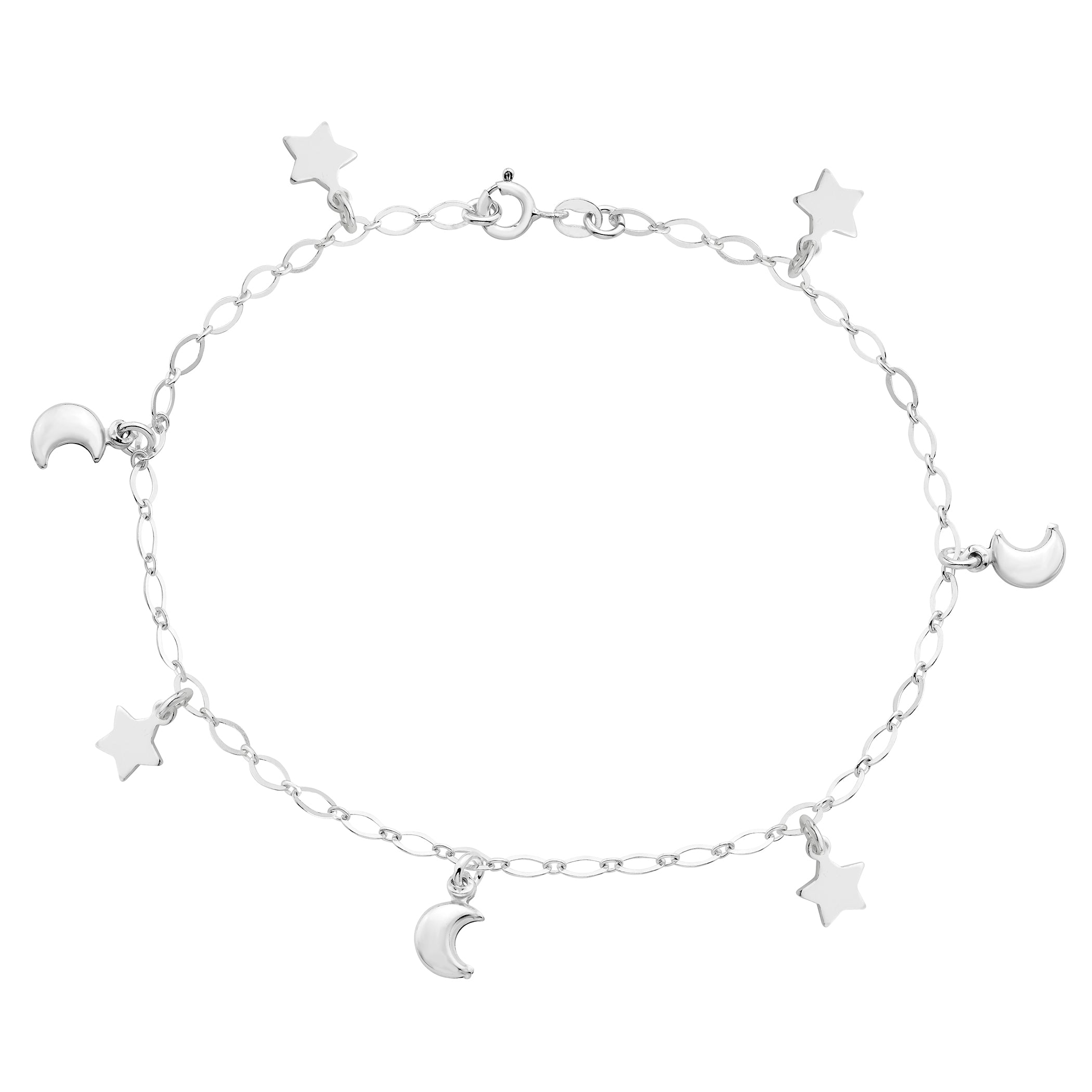 Sterling Silver Star And Moon Charm Anklet Adjustable